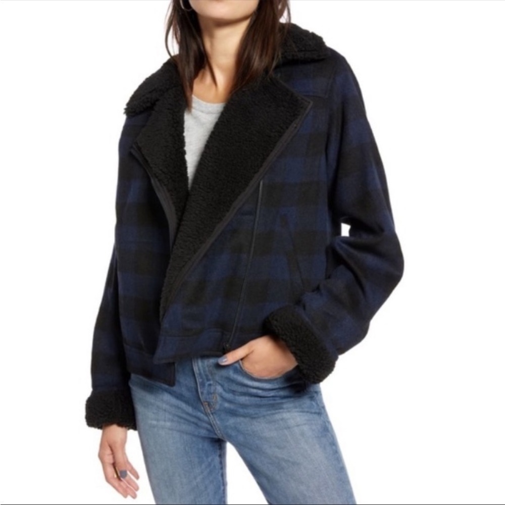 Treasure & Bond Nordstrom Check Jacket Faux Sherpa Navy and Black Size XS